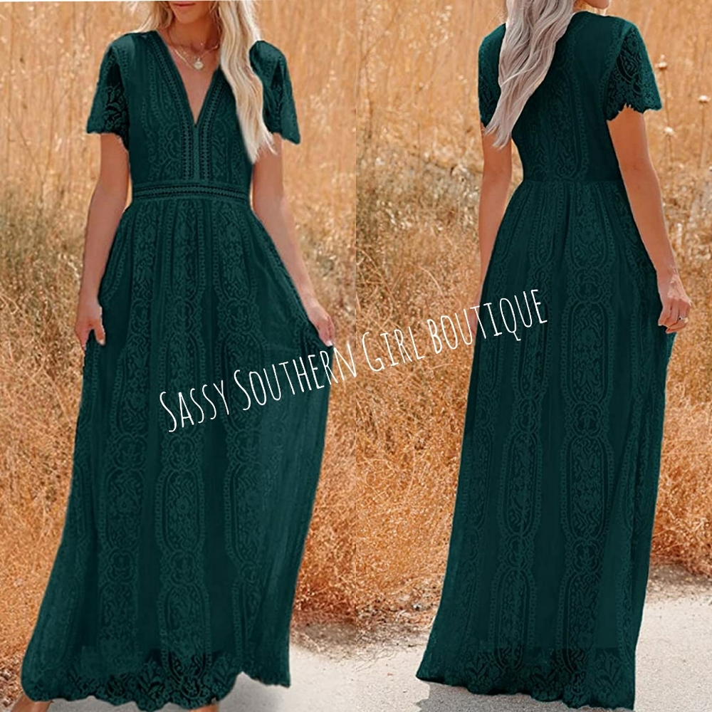 🆕⭐ Boho emerald green lace maxi dress
